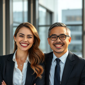 gorgeous happy business woman and older business man wearing glasses