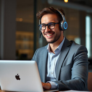 Handsome young male office worker smiling with MacBook Pro laptop.