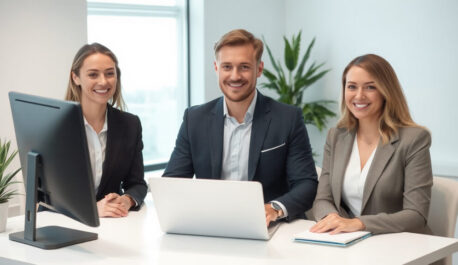 Three AI Agency workers sitting around computer two beautiful females and one male