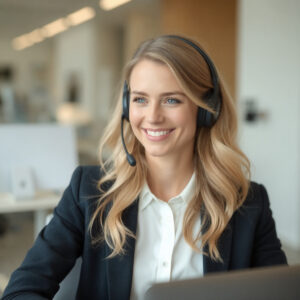 Amelia - beautiful blonde office worker at her desk smiling. 