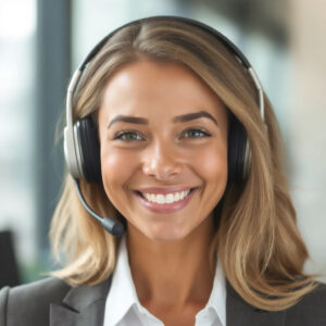 Beautiful woman receptionist wearing telephone headset.