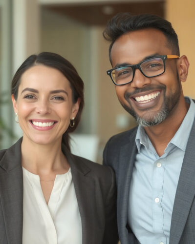 Smiling woman with smiling man at NeuralNet Chat office